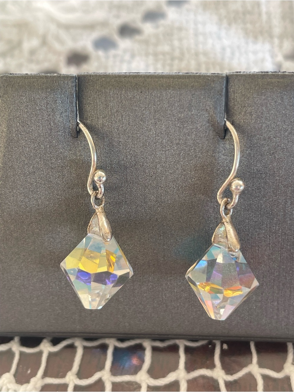 Sterling Silver 925 Aurora Borealis AB Dangle Earrings Iridescent Crystal